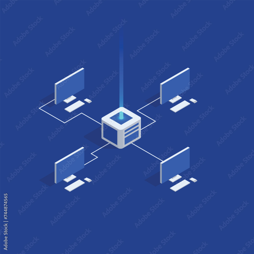 Server connecting 4 different computers, network connection concept, networking, network illustration, social networking, server connection, isometric server connection, isometric illustration, Server connecting 4 different computers, network connection concept, networking, network illustration, social networking, server connection, isometric server connection, isometric illustration,
