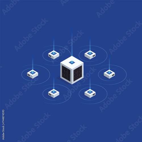 social network concept, isometric network connection concept, isometric server, isometric illustration