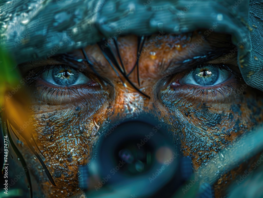 A detailed view of a persons face, focusing on their striking blue eyes. A detailed view of a persons face, focusing on their striking blue eyes.
