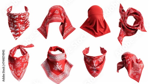 Realistic 3D illustrations of red bandanas, common accessories for bikers and cowboys, isolated on white. They depict fashionable silk headbands, neckerchiefs, and forehead bands, suitable for unisex photo