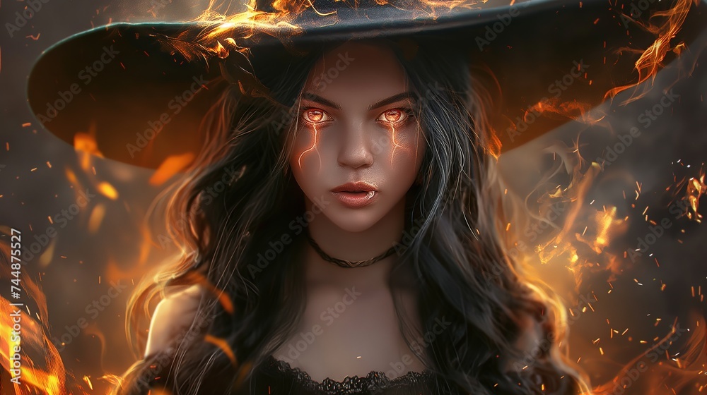 Enigmatic Sorceress Summoning Flames Against a Dark Backdrop at Twilight Enigmatic Sorceress Summoning Flames Against a Dark Backdrop at Twilight