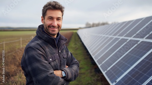 Smiling Man Standing Beside Solar Panels in Rural Field During Daytime © Julien