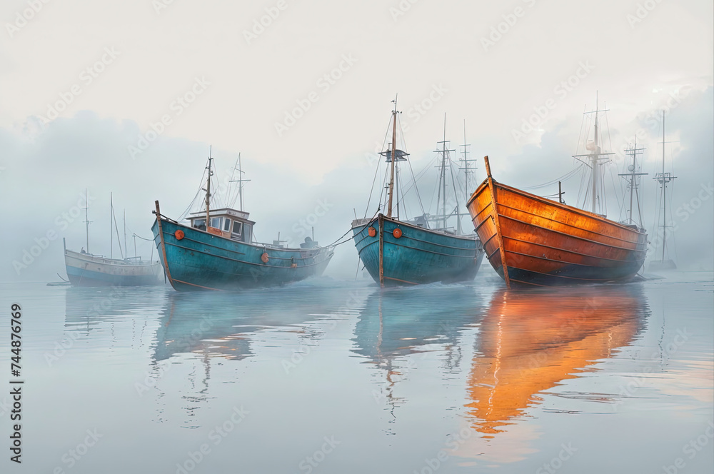 boats in the harbor in fog