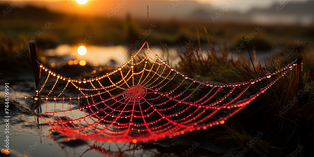 The intricate web of a spider, each strand glistening with dew in the early morning lig