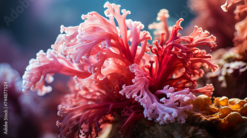 The rough, textured surface of a coral reef, with colorful polyps and sea fans swaying gently in photo