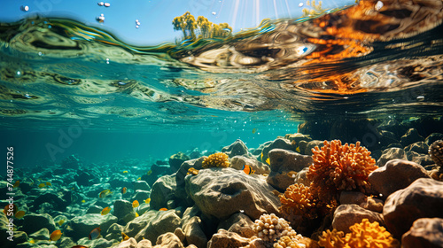 The rough  textured surface of a coral reef  with colorful polyps and sea fans swaying gently in