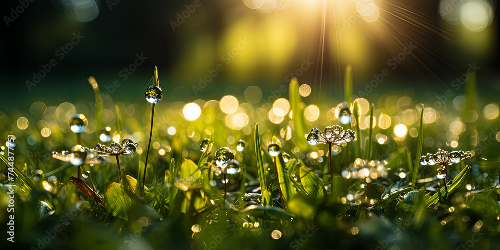 The soft, diffused light of a misty morning, with dewdrops glistening on the grass and lea - obrazy, fototapety, plakaty 
