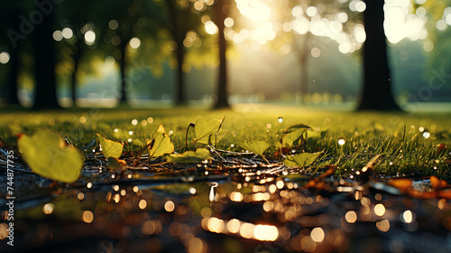 The soft  diffused light of a misty morning  with dewdrops glistening on the grass and leave