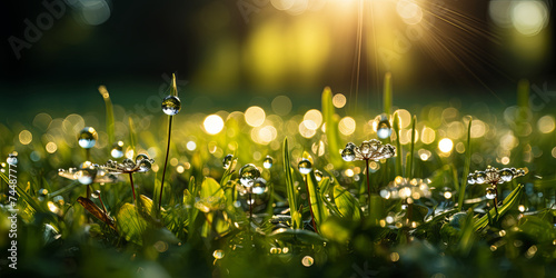 The soft, diffused light of a misty morning, with dewdrops glistening on the grass and lea
