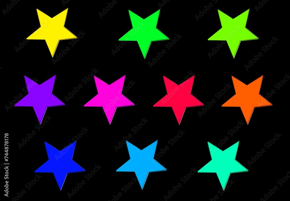 Artistic colorful 3D stars on black background ( stars in colors green yellow blue purple red orange ) Artistic colorful 3D stars on black background ( stars in colors green yellow blue purple red orange )