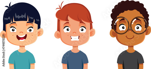 Diverse Group of Boys Having Cheerful Expression Vector Characters. Cheerful classmates smiling happily having fun
