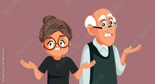 Clueless Senior Couple Feeling Puzzled Vector Cartoon Illustration. Stressed grandparents shrugging feeling unsure and indecisive 

