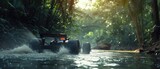 Formula 1 race in the jungle. Splashes, dirt, branches, stones. Off-road racing. Auto-sport. Generative ai. Off-road