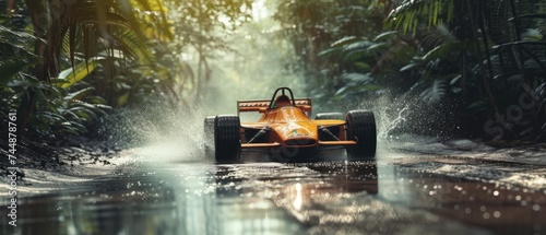 Formula 1 race in the jungle. Splashes, dirt, branches, stones. Off-road racing. Auto-sport. Generative ai. Off-road
