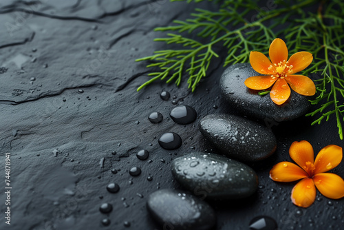 Black zen stones and orange flowers on stone background.