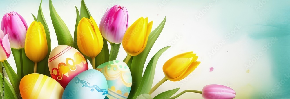 Holiday celebration banner with colorful tulips, spring flowers and colorful decorated Easter eggs on light background. Happy Easter greeting card, banner, festive background. Close up, Copy space.