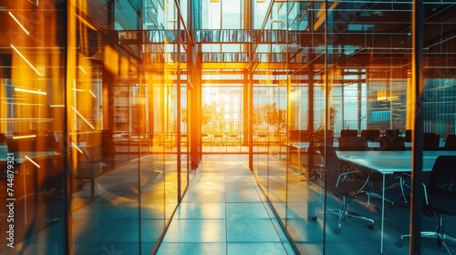 Bright office building with view of board room behind transparent glass wall.