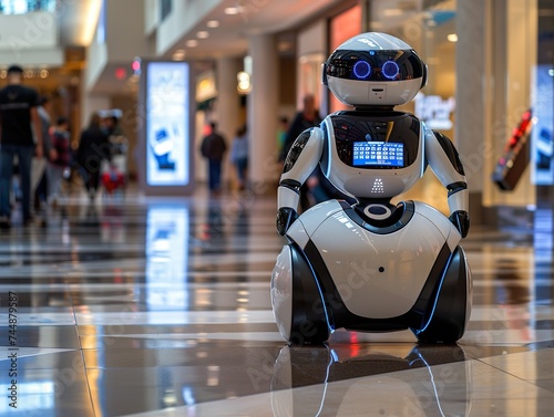 A cute service android robot on wheels navigates through the vibrant crowds in a bustling, crowded shopping mall
