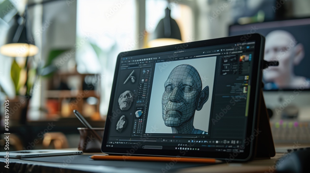 Digital tablet displaying 3D model of a humanoid head Digital tablet displaying 3D model of a humanoid head