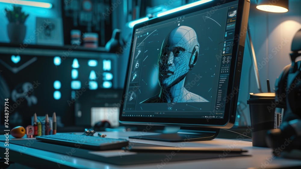 3D modeling of a human head on computer screens 3D modeling of a human head on computer screens