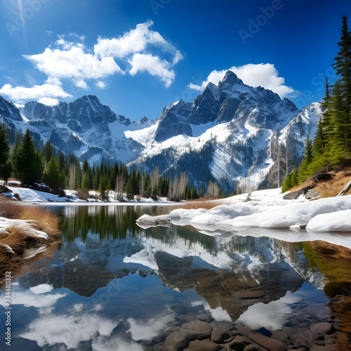 Breathtaking View of Snow-Capped Mountains, Pristine Lake, and Dense Forest under Blue Sky
