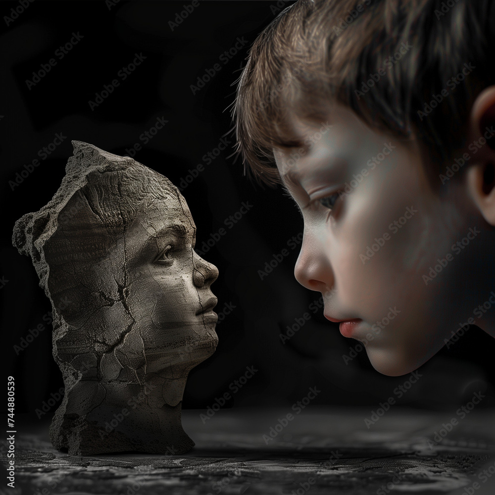 An autistic child looks at a figurine with a broken head An autistic child looks at a figurine with a broken head