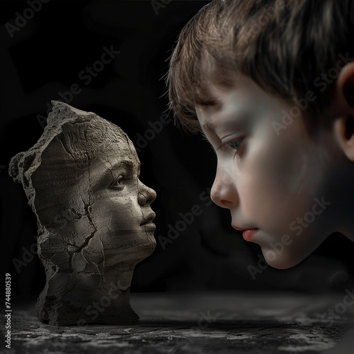 An autistic child looks at a figurine with a broken head