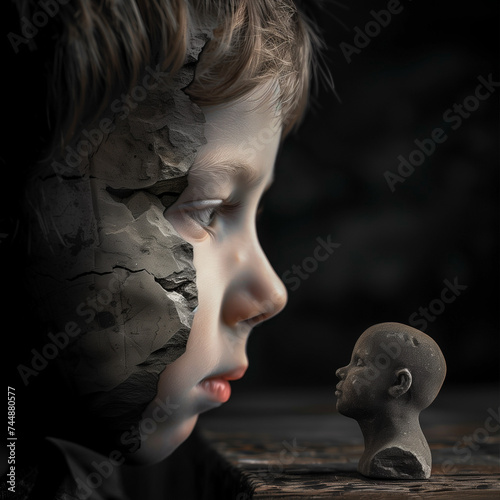 A little boy looks at a figurine. Autism illustration