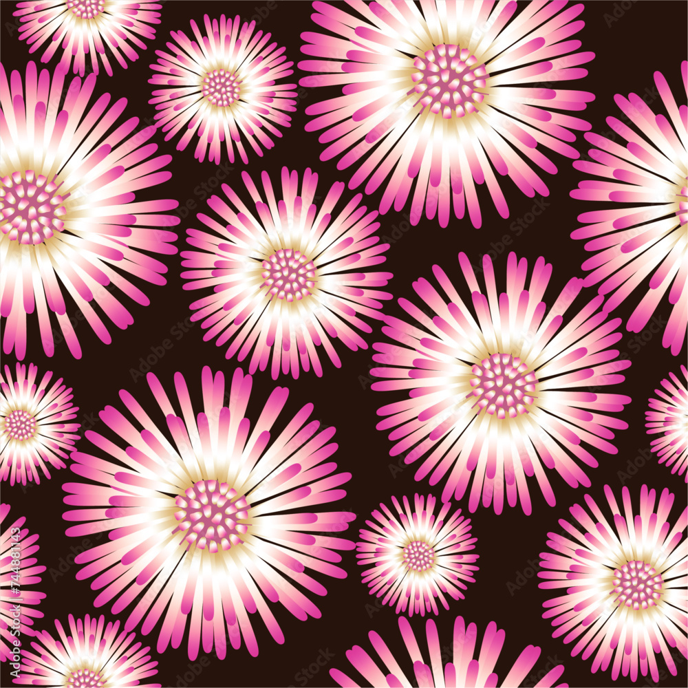 Seamless pattern with pink flowers similar to asters on a dark background. Vector graphics for fabric or background. Seamless pattern with pink flowers similar to asters on a dark background. Vector graphics for fabric or background.