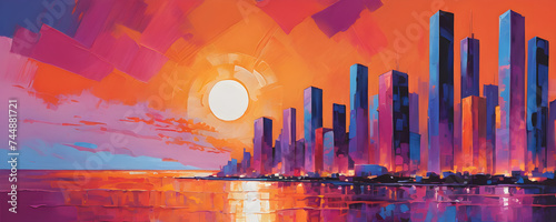 coastal city at sunset in bold warm tones painting photo