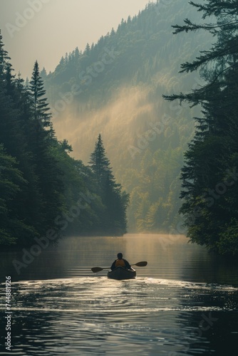 A person paddling a canoe down a flowing river, surrounded by nature.
