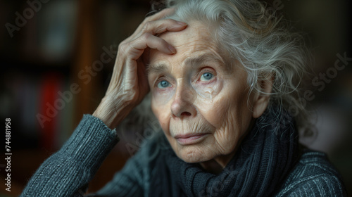 An old person is depressed. She is alone herself at home. © torwaiphoto