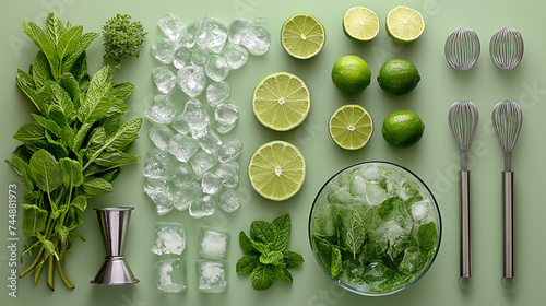 Ingredients for mojito cocktail. Fresh green mint with lime for refreshing cocktail mojito, top view. 