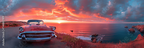 A classic car parked along the ocean side road against a picturesque backdrop of the sea. photo