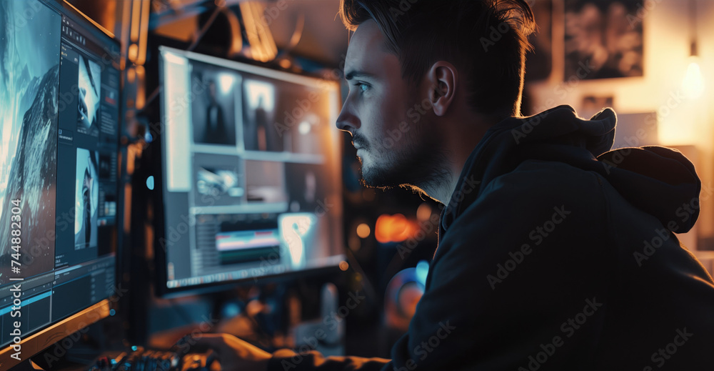 Man editing photos on multiple monitors