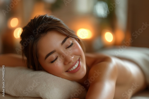 Beautiful woman receiving beauty treatments at a spa She smiles and looks happy.