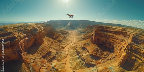 A plane flies over a canyon in this aerial view. photo