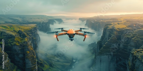 A small aircraft flies above a canyon in the sky, showcasing the vastness of the natural terrain.