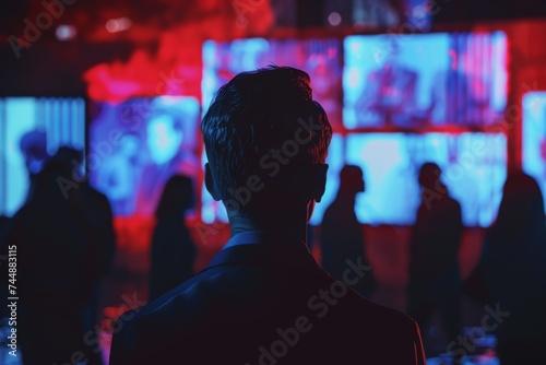 Man Standing in Front of Large Screen. Generative AI