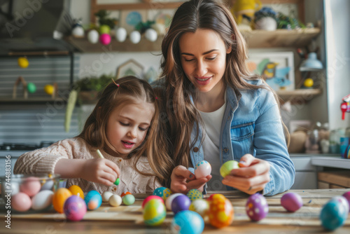 a cute mother and daughter decorating easter eggs at home