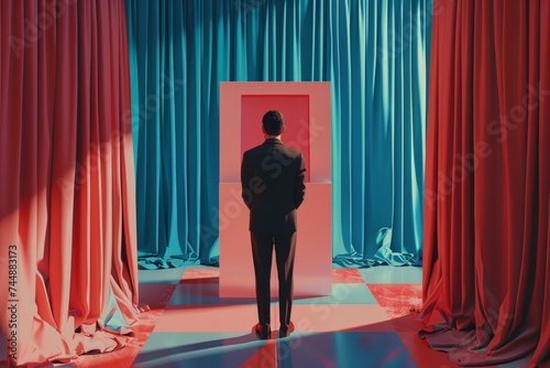 Man Standing in Front of Red Door. Generative AI