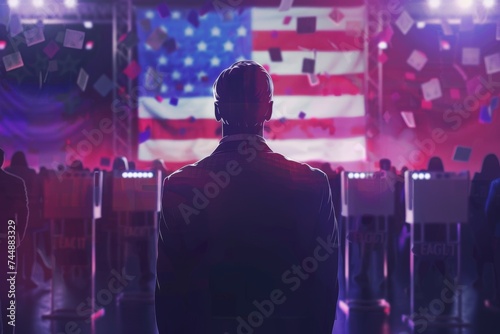 Man Standing in Front of American Flag. Generative AI