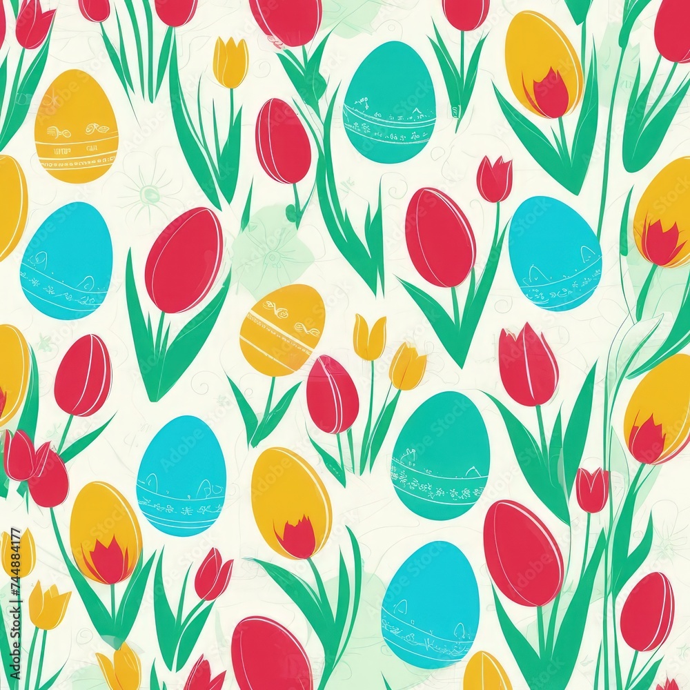 Fototapeta premium Holiday celebration banner with cute Easter decorated eggs and spring flowers on green spring meadow. Flowers in landscape. Happy Easter greeting card, banner, festive background.Copy space.