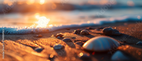 Rocks and Shells on the Beach During Sunset #744884163