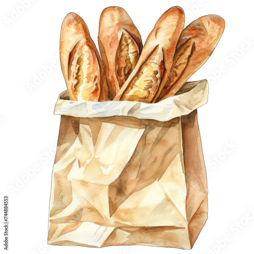 Loaf of French bread isolated on white background  in a grocery bag
