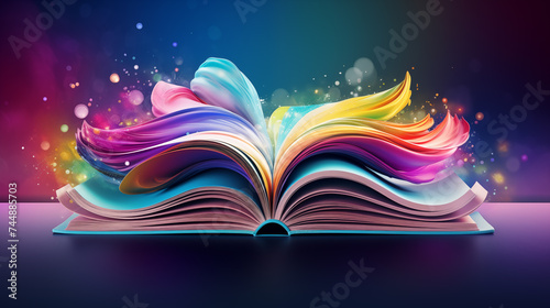 The concept for World Book Day background with copy space area for text. Happy Book Day. Gradient abstract world book day 3D illustration colorful background.  #744885703