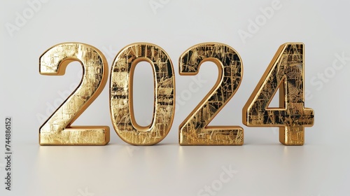 3D Render of Golden 2024 on White Background. New Year, Number, Goal, Target, Success, Decoration
