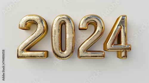 3D Render of Golden 2024 on White Background. New Year, Number, Goal, Target, Success, Decoration 