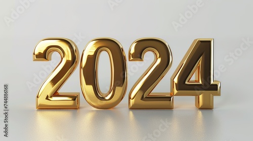 3D Render of Golden 2024 on White Background. New Year, Number, Goal, Target, Success, Decoration 