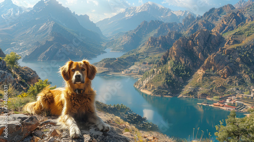 A large brown dog is sitting on top of a mountain, looking out over the landscape.
